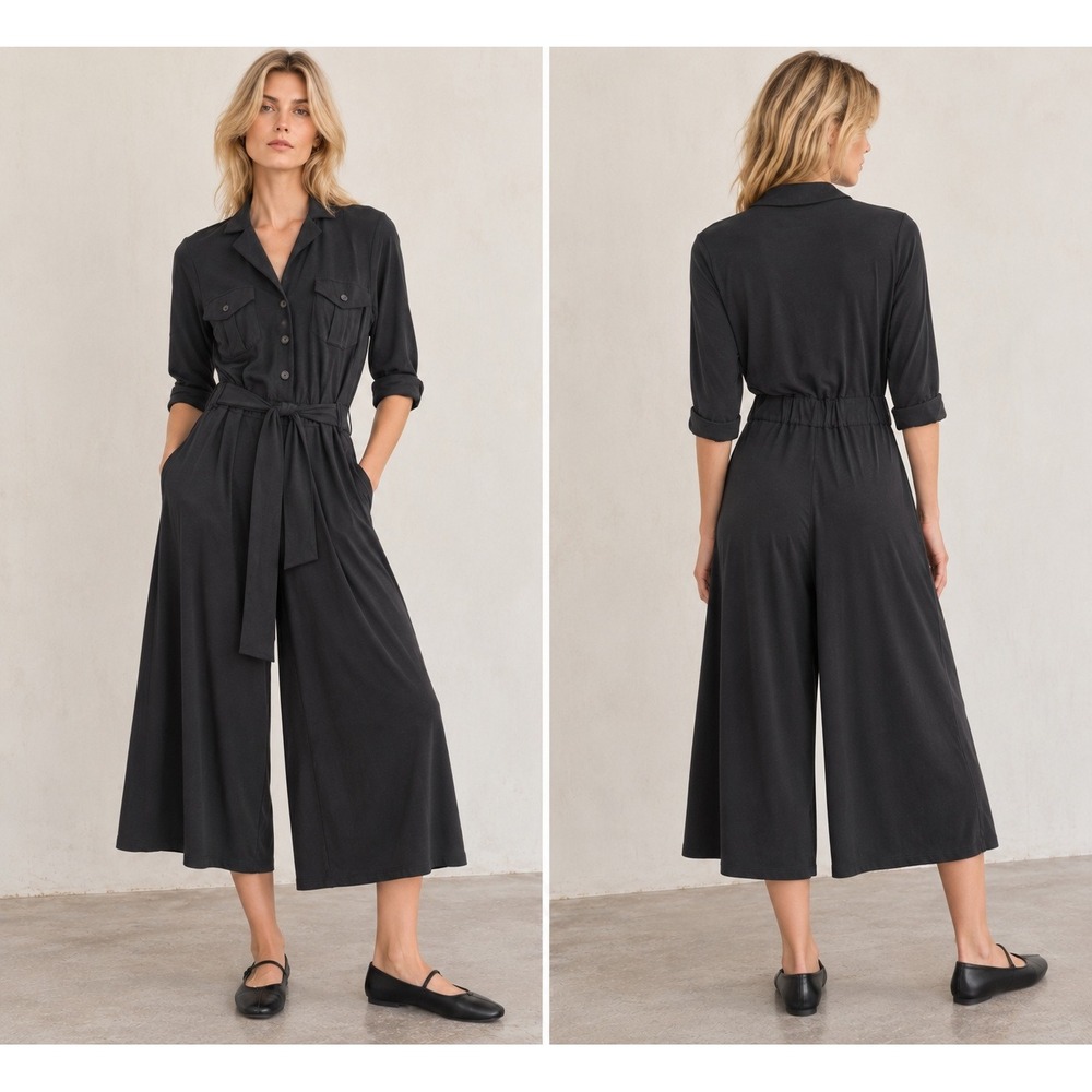 Joie Black Modal Cotton Utility Jumpsuit Womens S Wide Leg Belted Minimalist